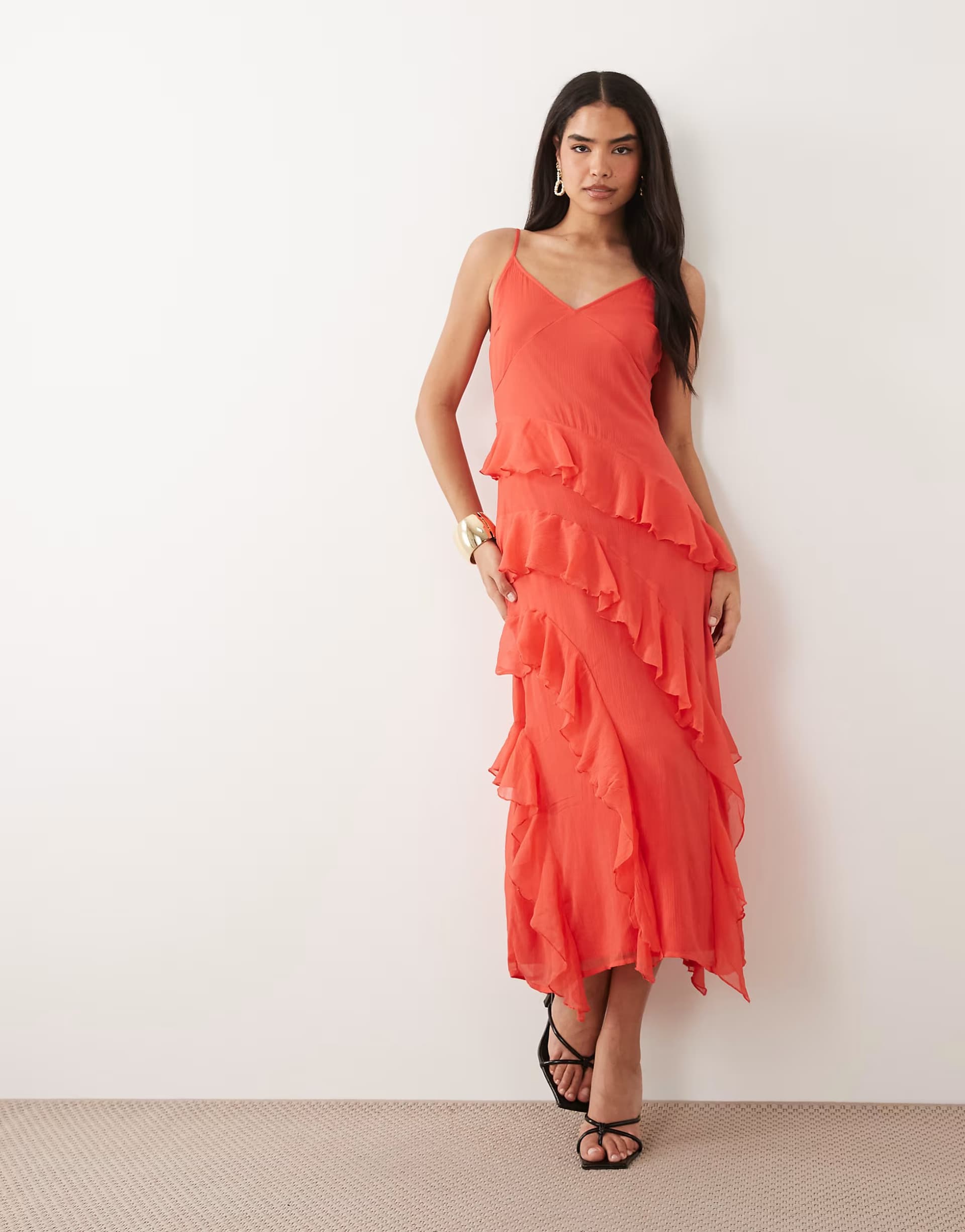 ASOS Vero Moda Smilla Chiffon cami ruffle detail midi dress in red