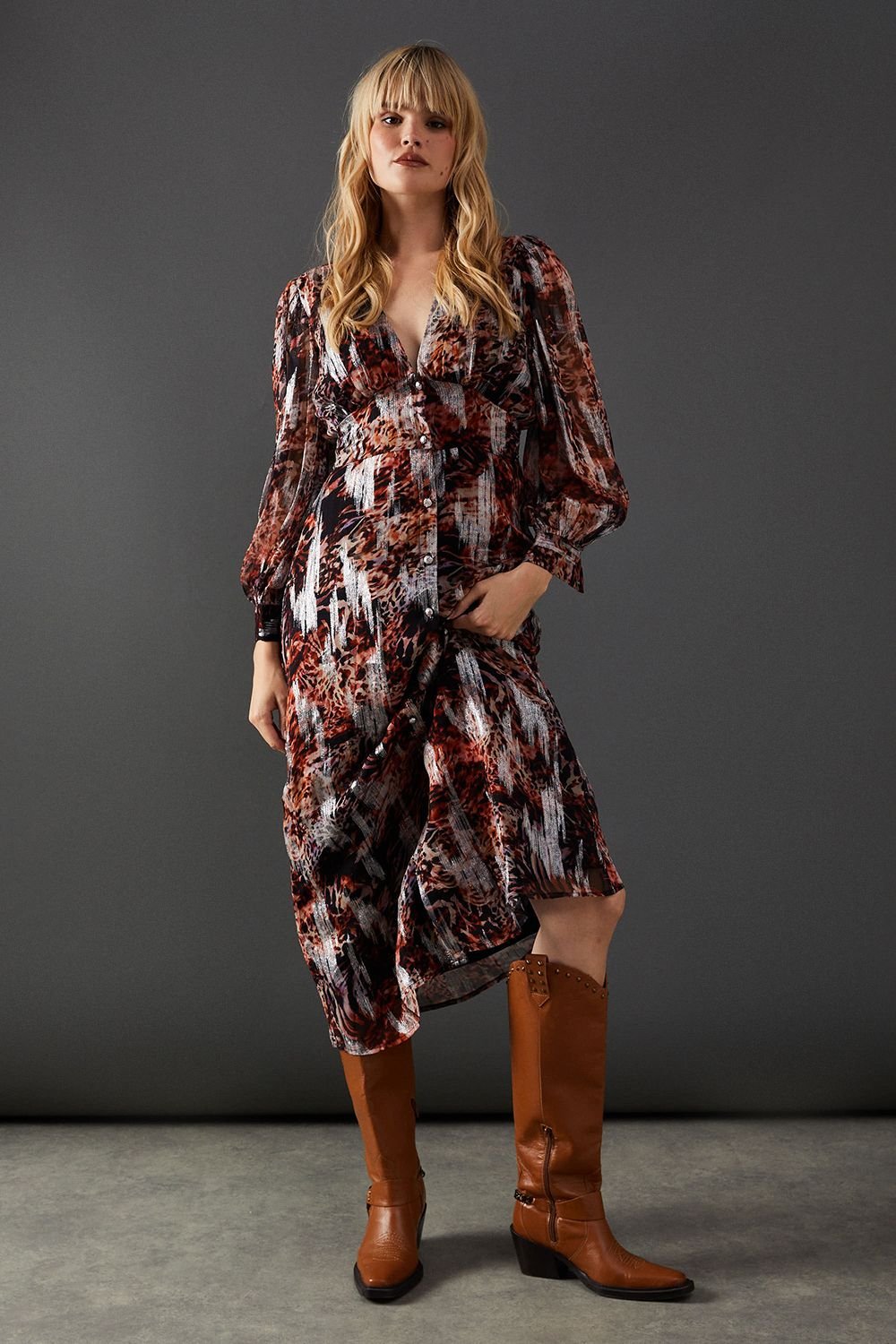 Warehouse Warehouse Women's Metallic Jacquard Plunge Neck Button Through Midi Dress in Animal - 3