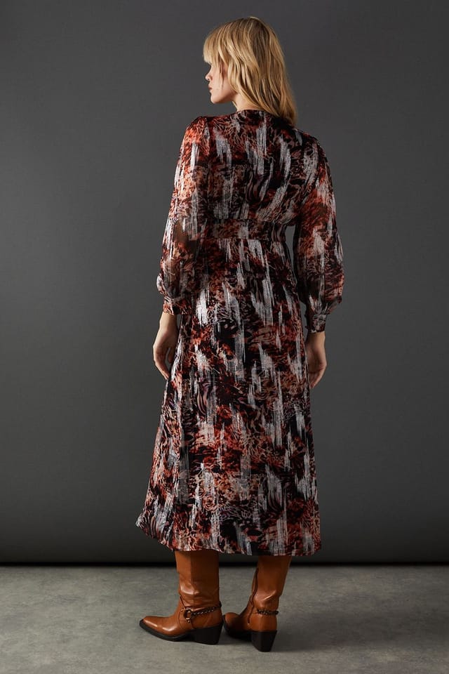 Warehouse Warehouse Women's Metallic Jacquard Plunge Neck Button Through Midi Dress in Animal - 3