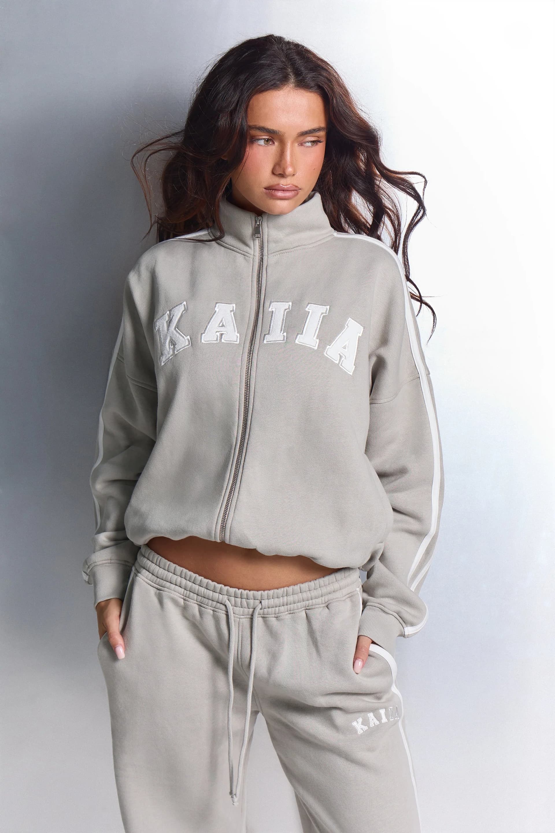Kaiia Kaiia Sport Stripe Funnel Neck Zip Through Sweatshirt Soft Grey & White