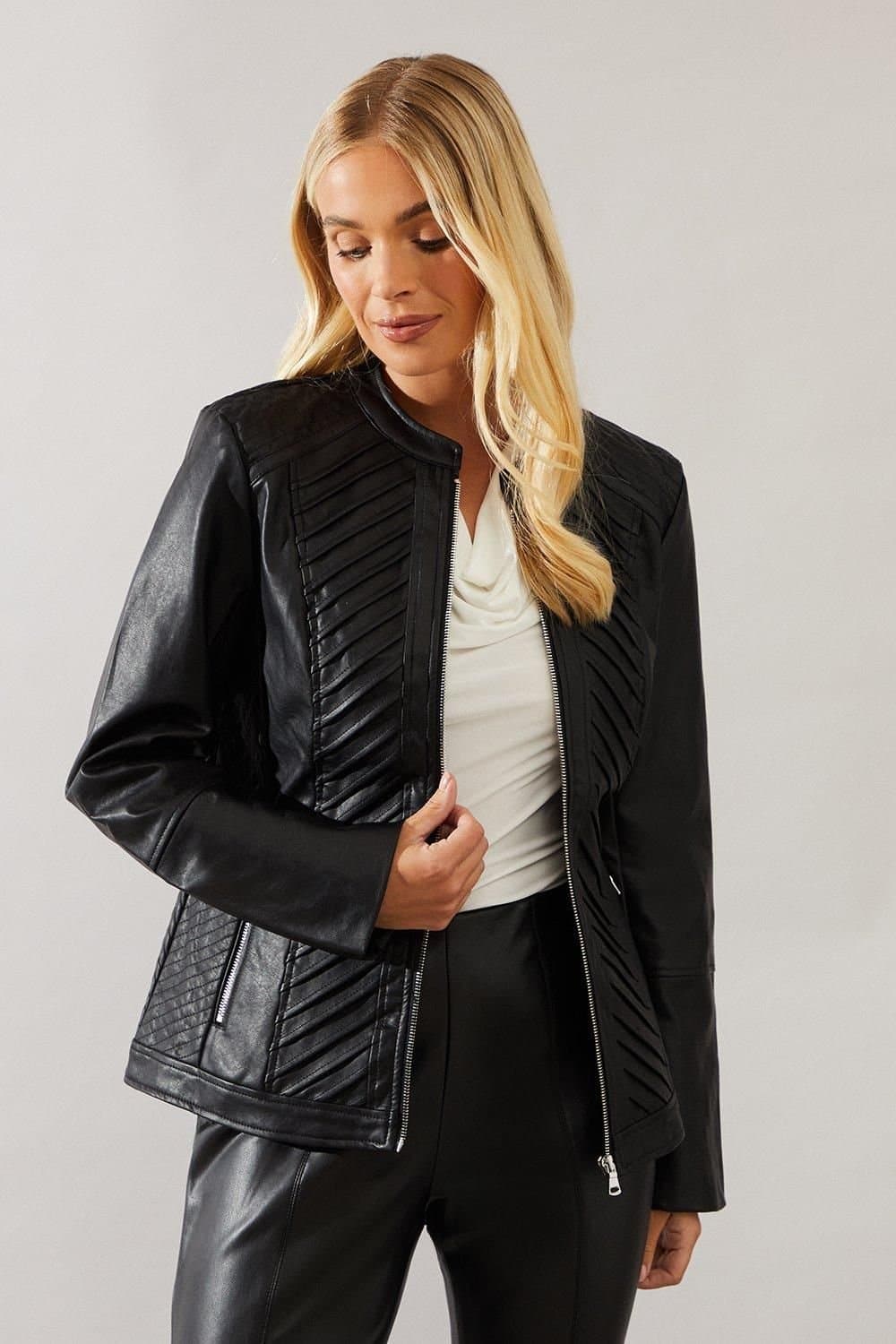 Wallis Wallis Women's Petite Black Faux Leather Pleat Detail Jacket