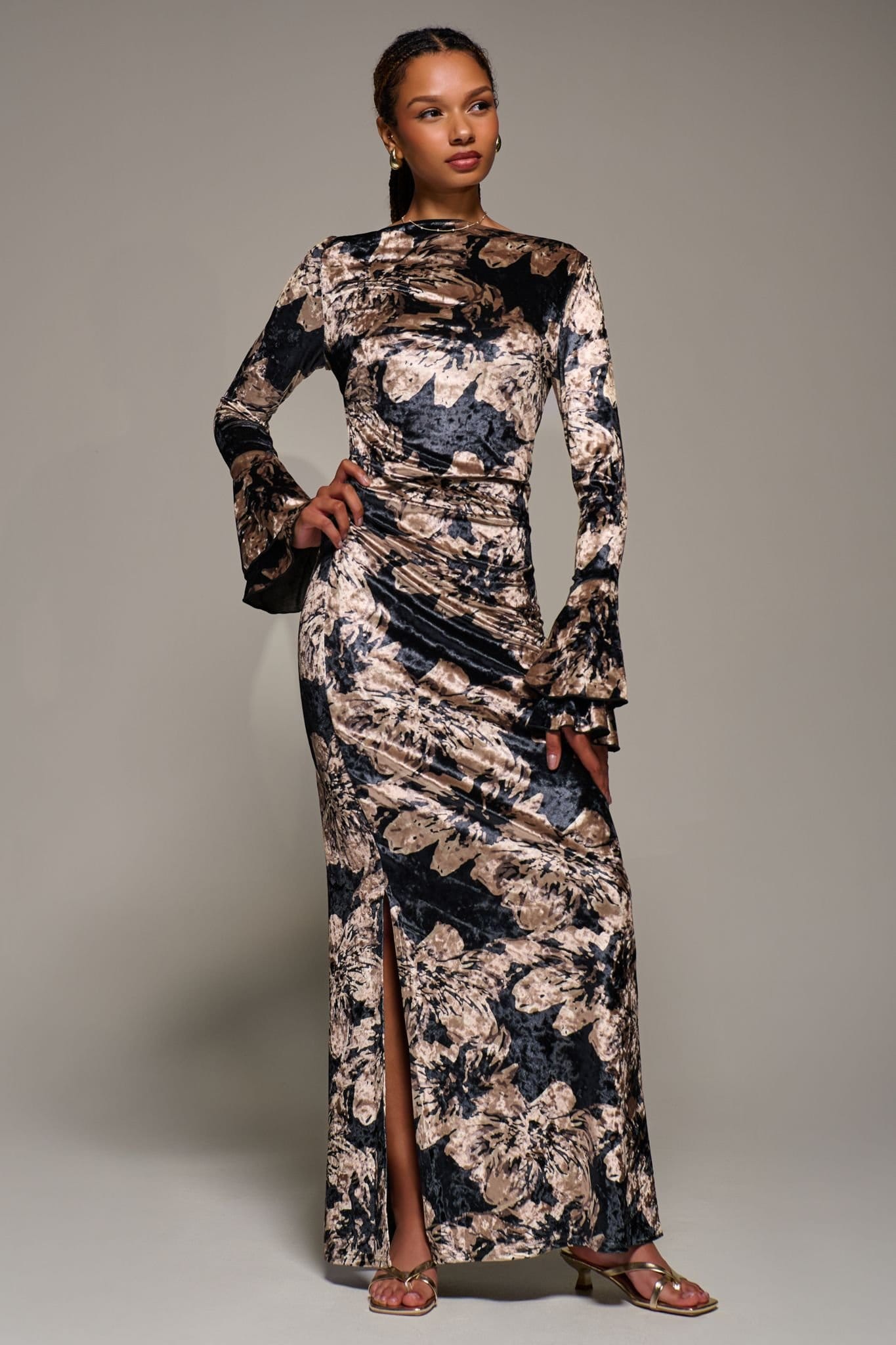 Jolie Moi Jolie Moi Women's Ruffle Sleeve Boat Neck Velvet Maxi Dress - 4