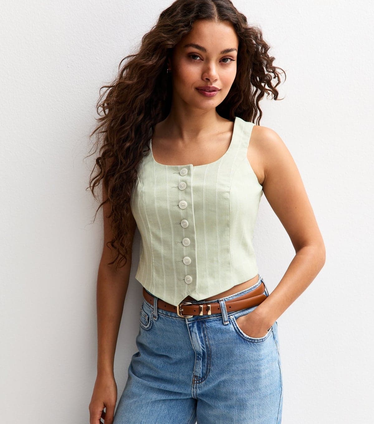 New Look Women's Petite Green Striped Button Front Scoop Neck Waistcoat New Look