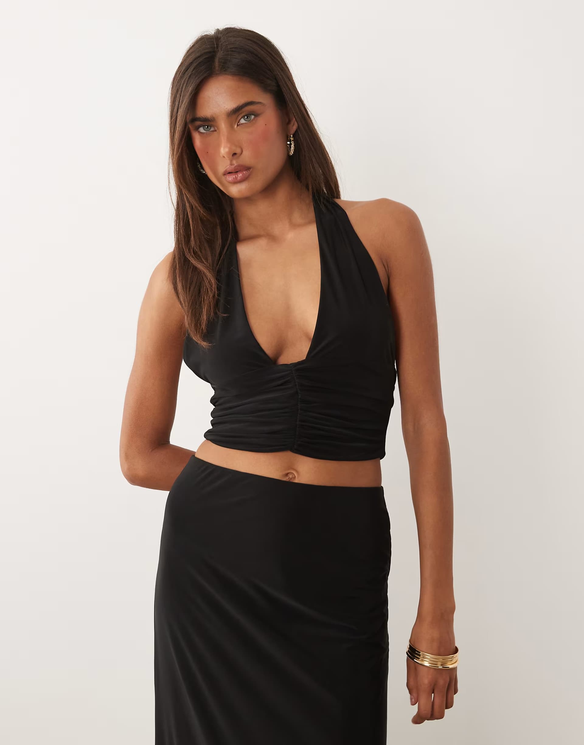 ASOS Missyempire double sculpted slinky plunge ruched detail top co-ord in black