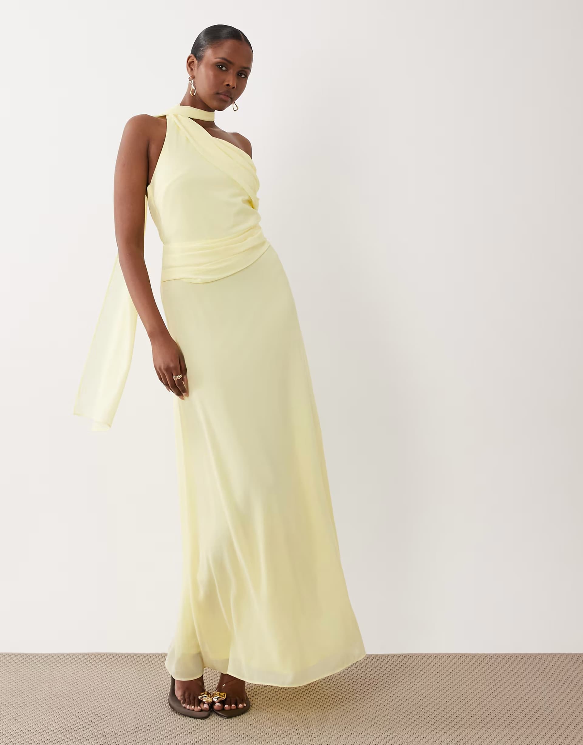 ASOS TFNC chiffon one shoulder scarf neck maxi dress in lemon