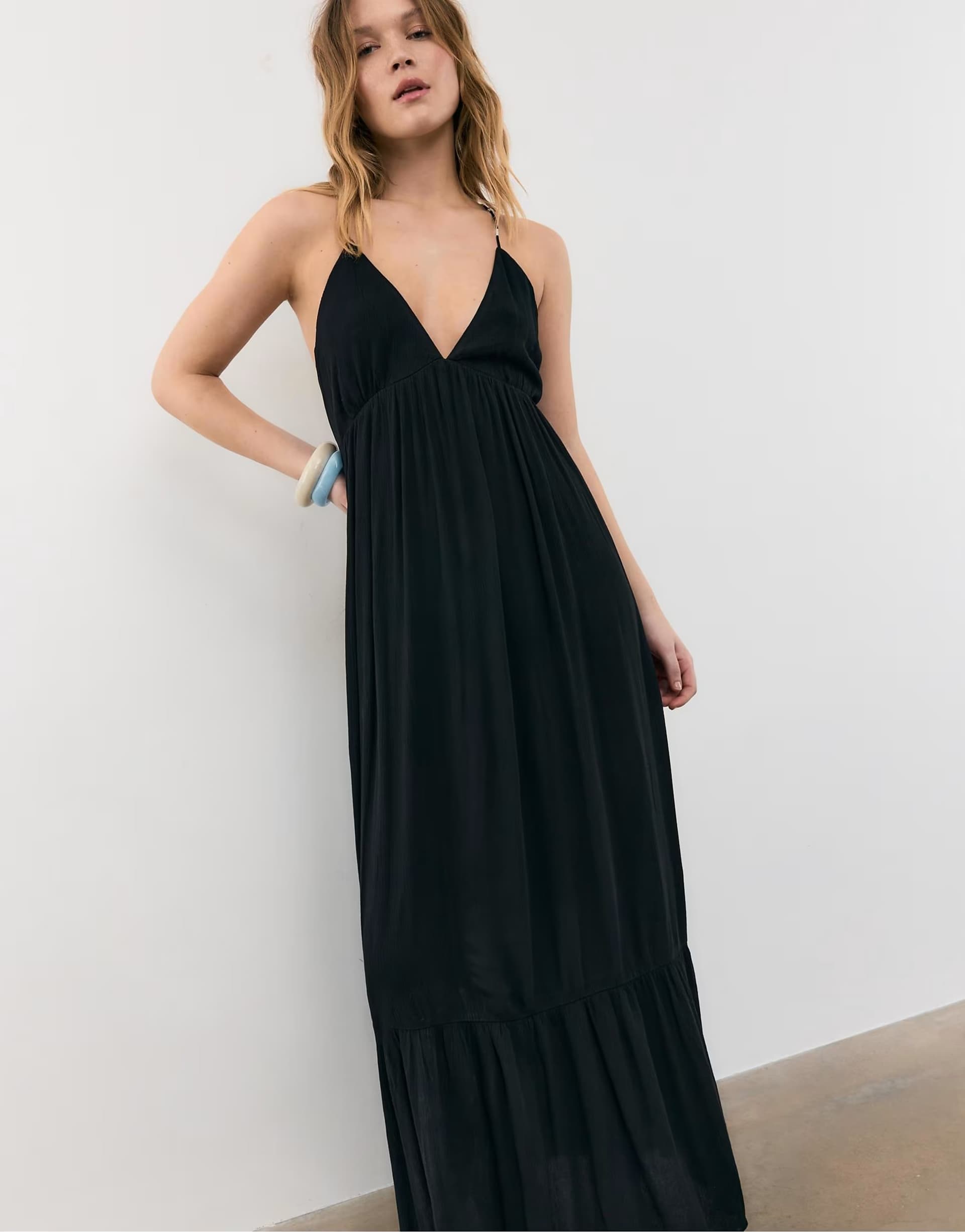 ASOS Stradivarius Long crepe dress with beading straps in black
