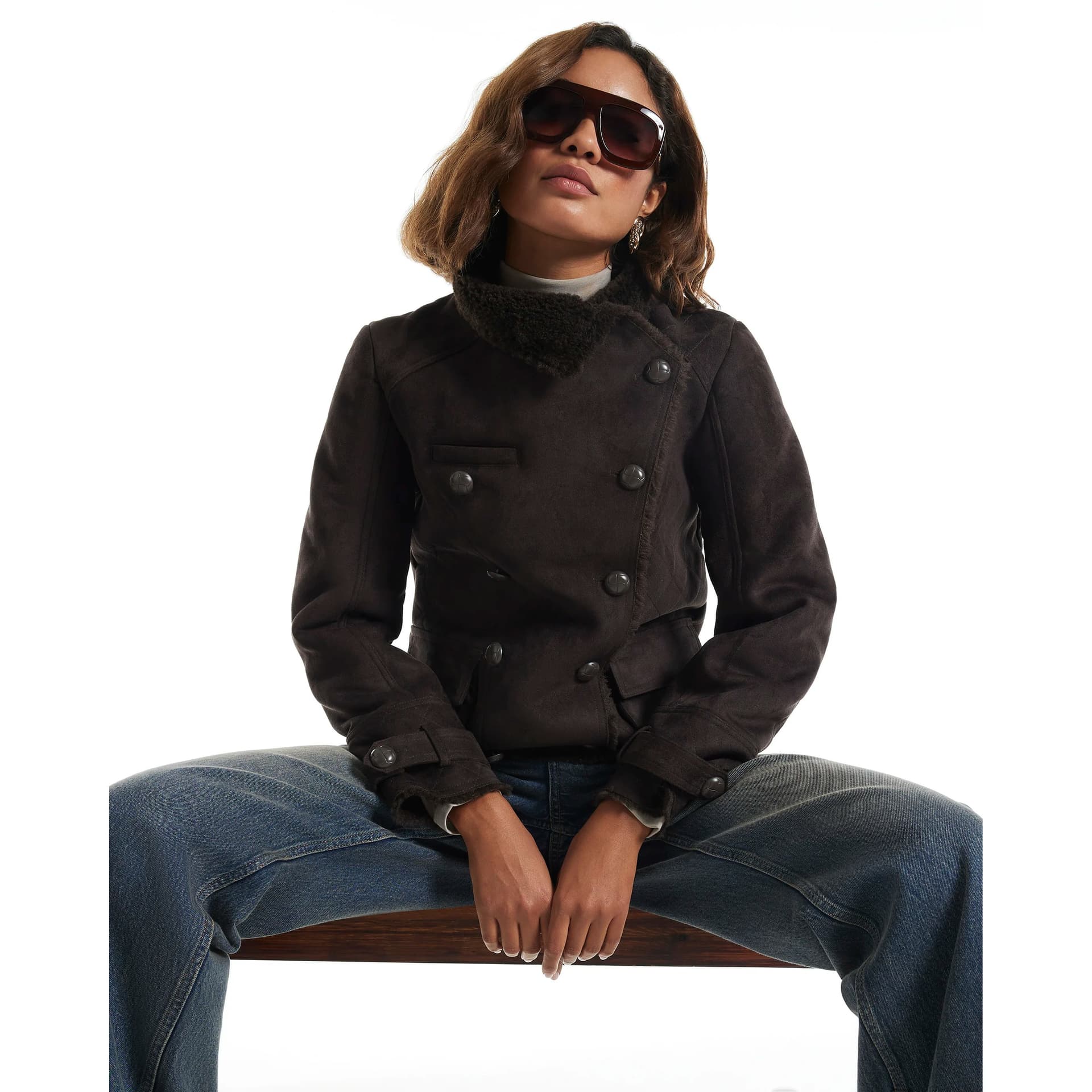 River Island River Island Womens Brown Faux Shearling Funnel Neck Jacket