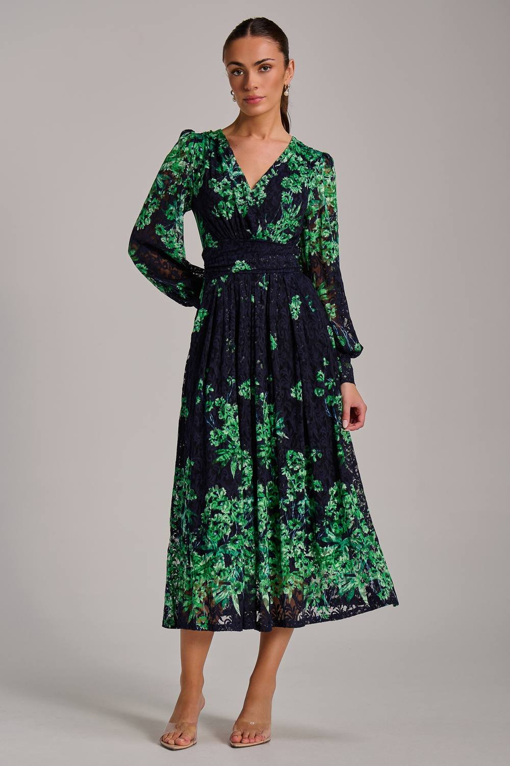 Jolie Moi Jolie Moi Women's Long Sleeve Print Lace Maxi Dress in Dark Navy - 2