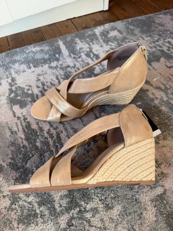 Next Next Shimmering gold premium leather wedge sandals. Brand new! Size 4