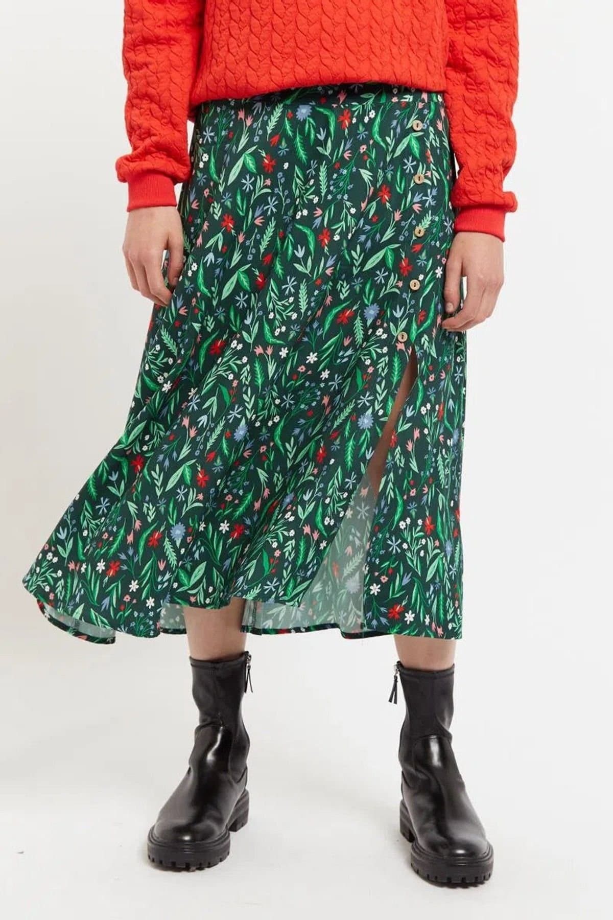 Louche Louche Green Floral Print Midi Skirt in Viscose