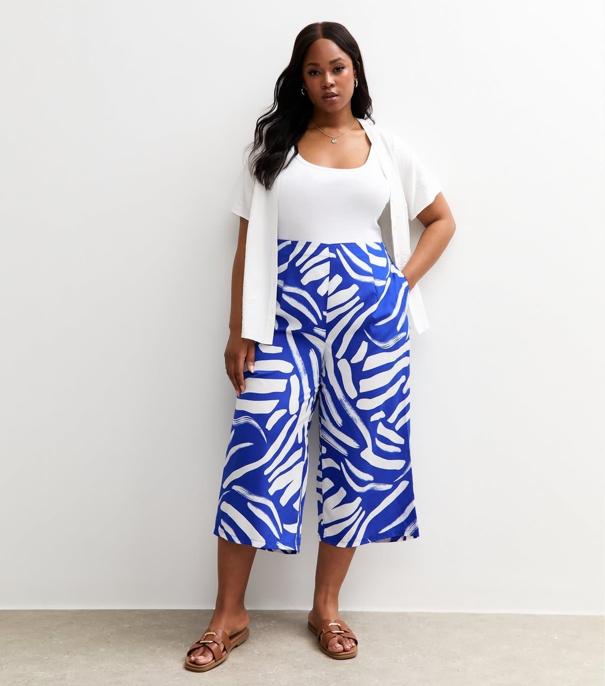 New Look Women's Plus Size Blue Abstract Print Cropped Trousers Curves New Look