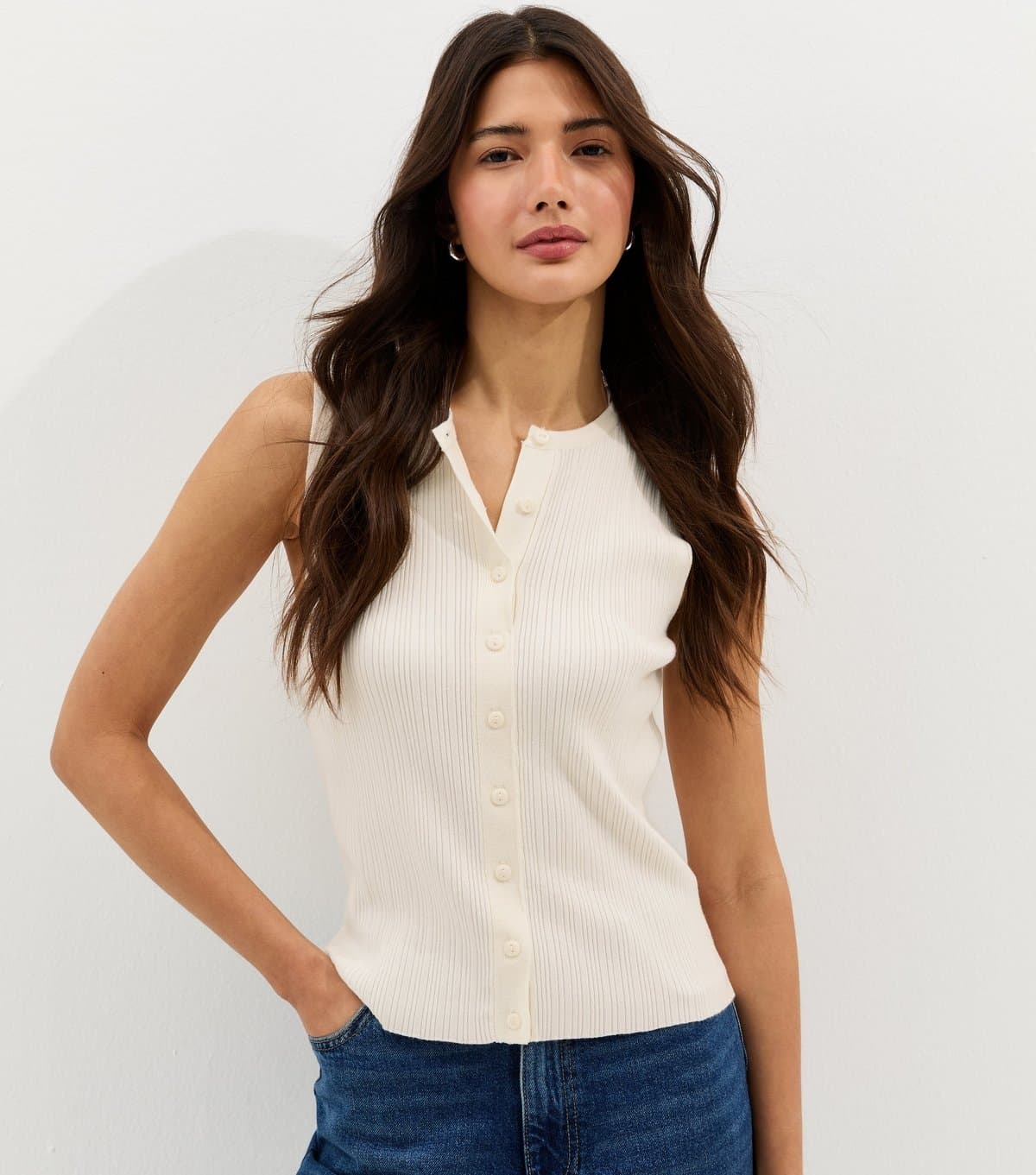 New Look Women's Cream Lightweight Rib Button Vest Top New Look