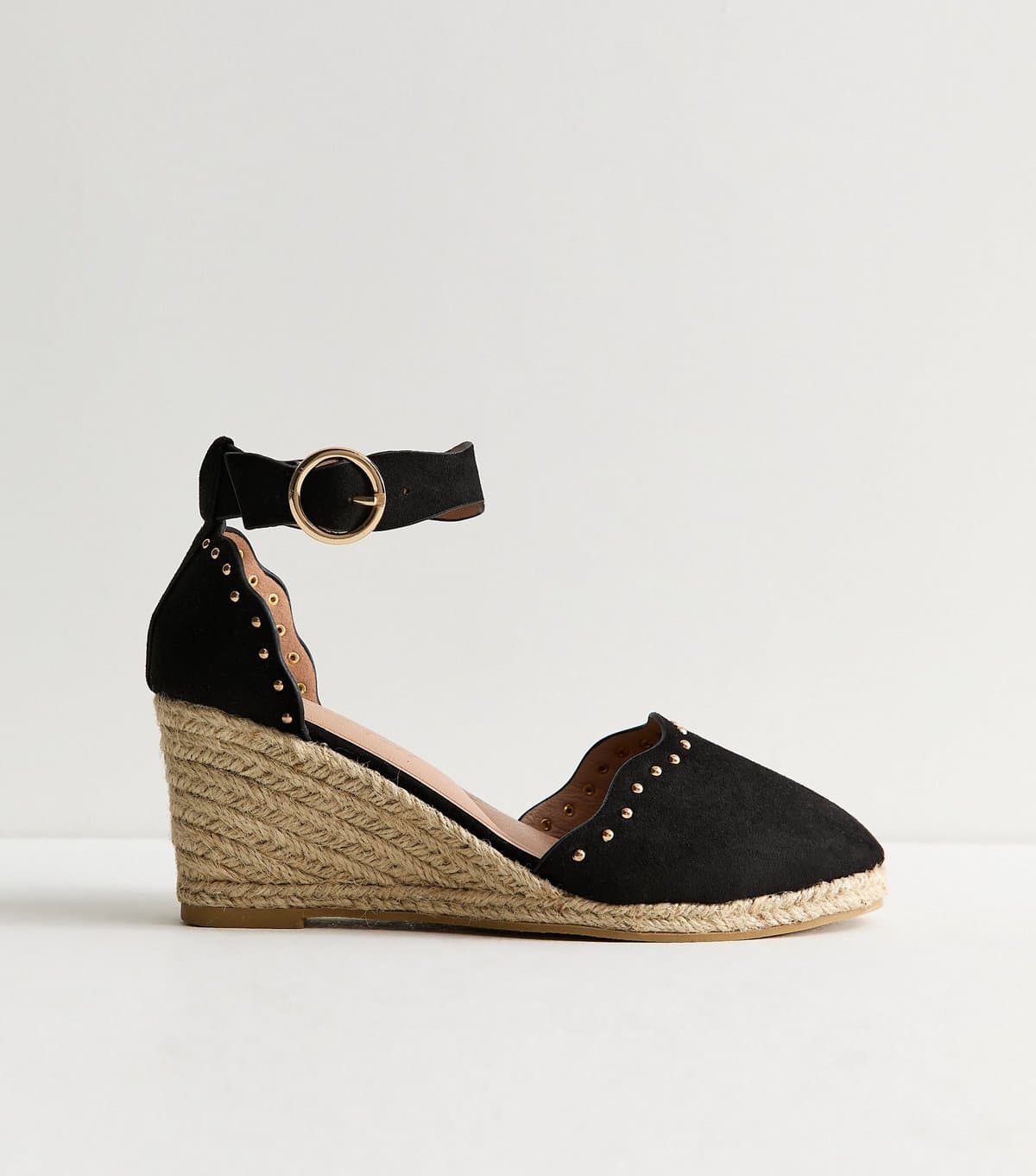 New Look Women's Wide Fit Black Faux Suede Studded Scallop Trim Espadrille Wedges Vegan New Look