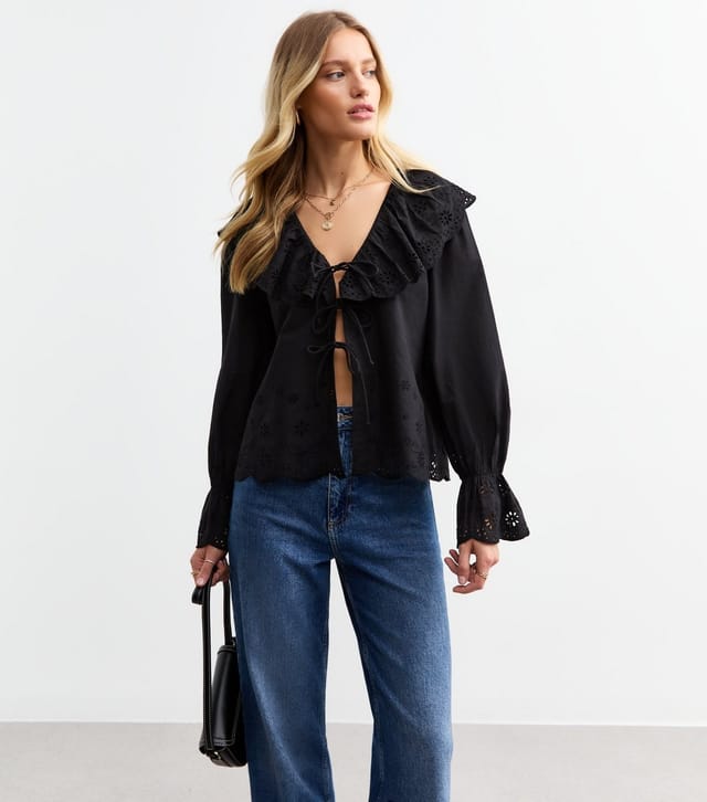 New Look Women's Black Broderie Anglaise Frill Collar Blouse New Look - 2