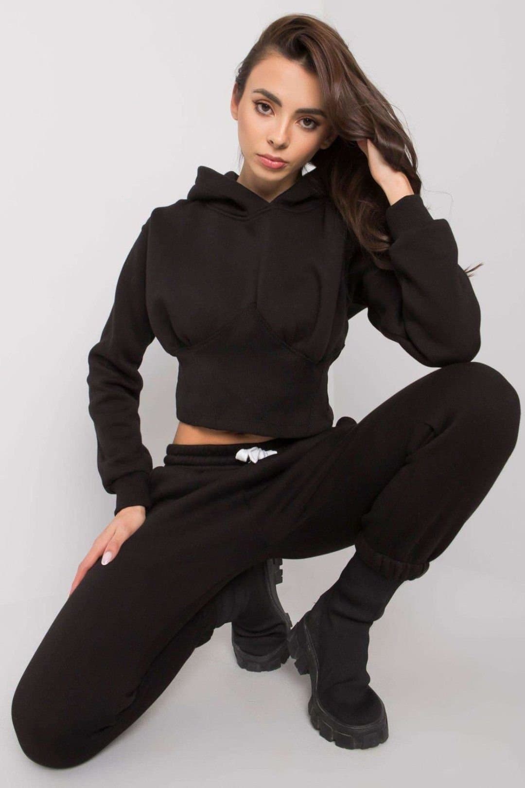 Love Lace Love Lace Women's Hooded Sweatshirt & Tie Waist Pants Set Style 172654 in Black