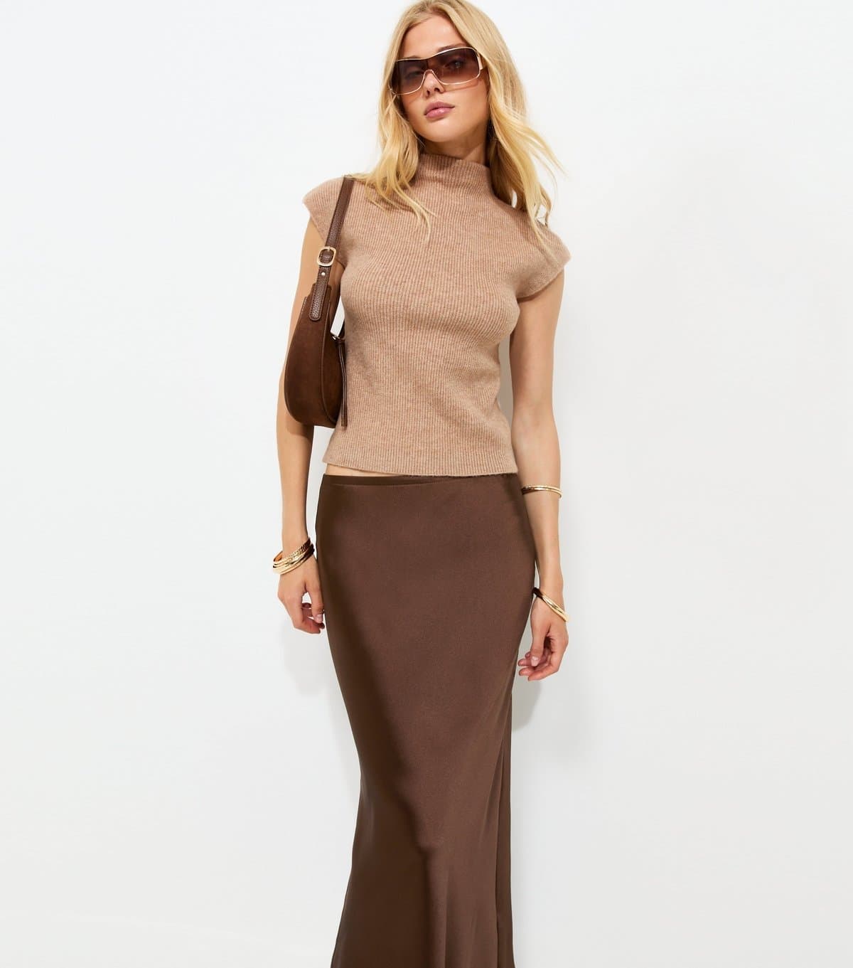 New Look Women's Brown Satin Bias Cut Midi Skirt New Look
