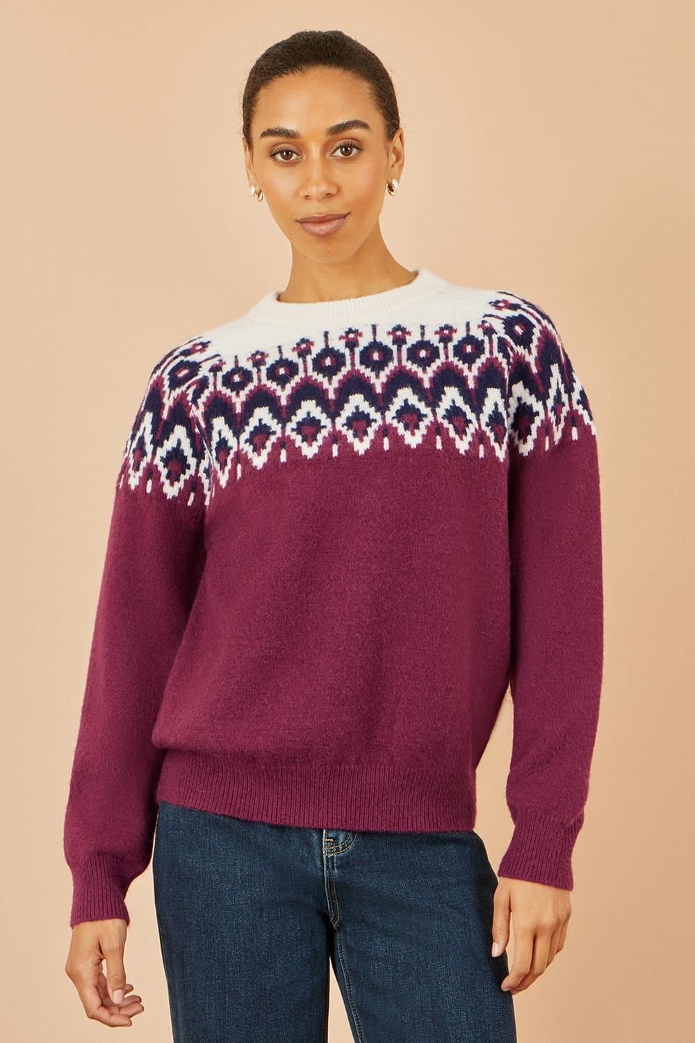 Yumi Yumi Women's Burgundy Fair isle Relaxed Fit Knitted Jumper