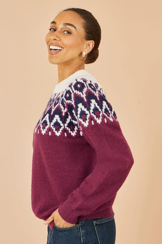 Yumi Yumi Women's Burgundy Fair isle Relaxed Fit Knitted Jumper - 2