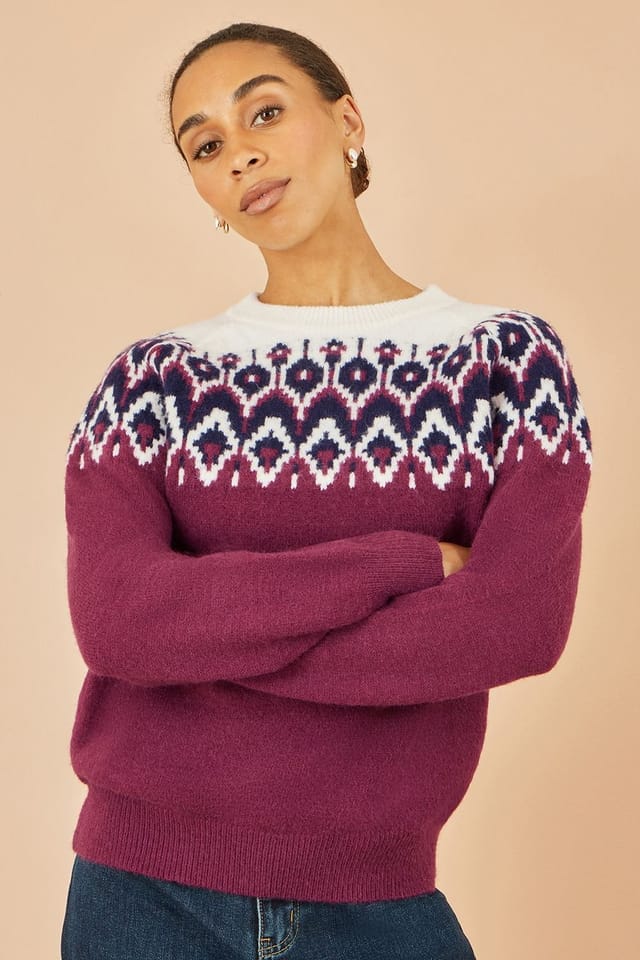 Yumi Yumi Women's Burgundy Fair isle Relaxed Fit Knitted Jumper - 3