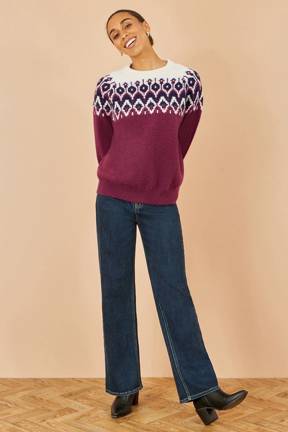 Yumi Yumi Women's Burgundy Fair isle Relaxed Fit Knitted Jumper - 4
