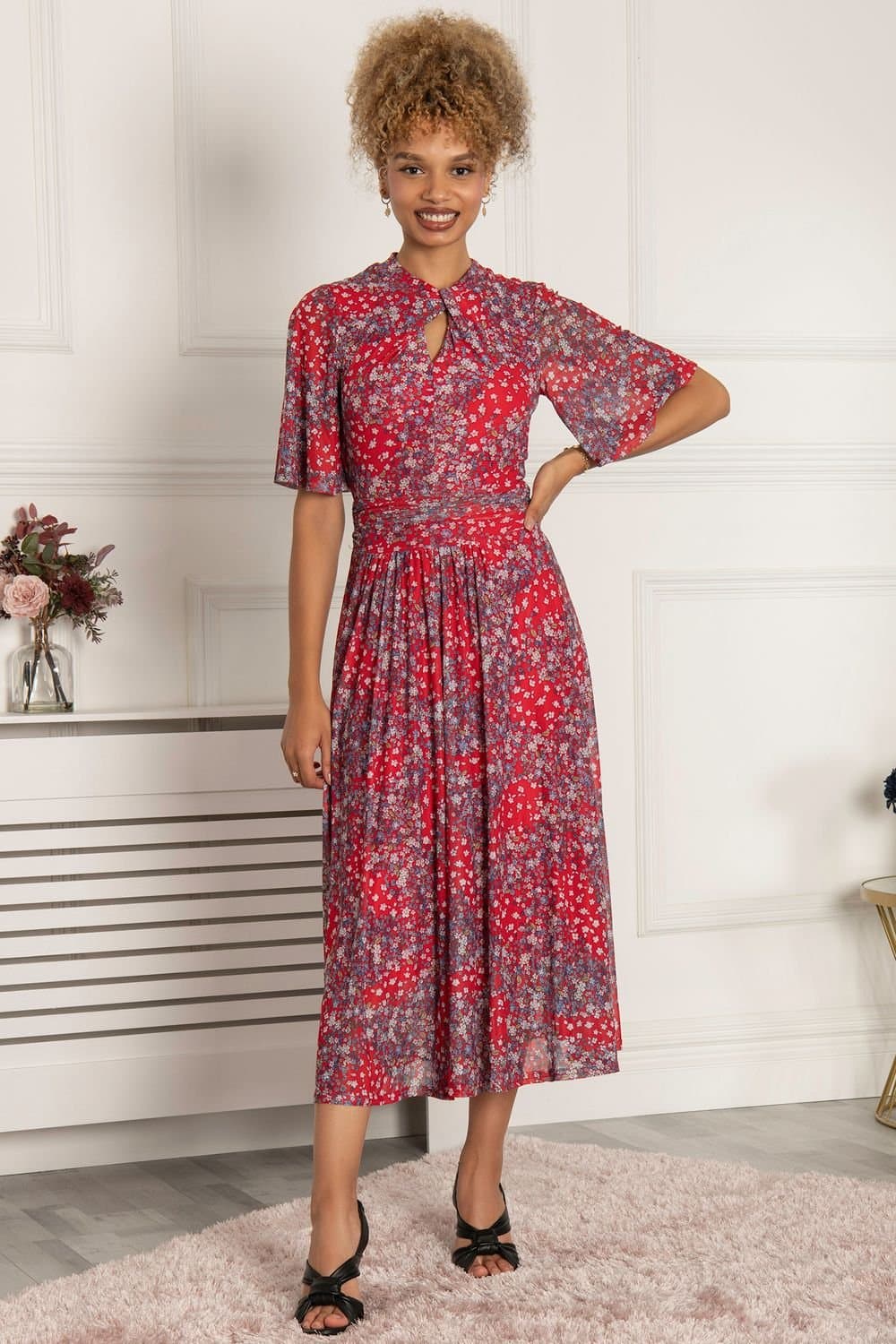 Jolie Moi Jolie Moi Women's Tina Turtle Neck Mesh Maxi Dress in Red