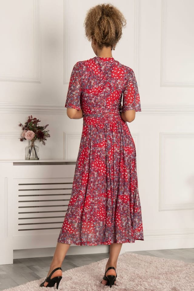 Jolie Moi Jolie Moi Women's Tina Turtle Neck Mesh Maxi Dress in Red - 2