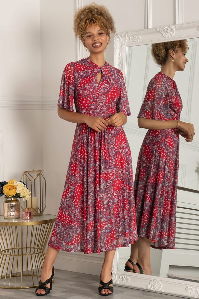 Jolie Moi Jolie Moi Women's Tina Turtle Neck Mesh Maxi Dress in Red - 3