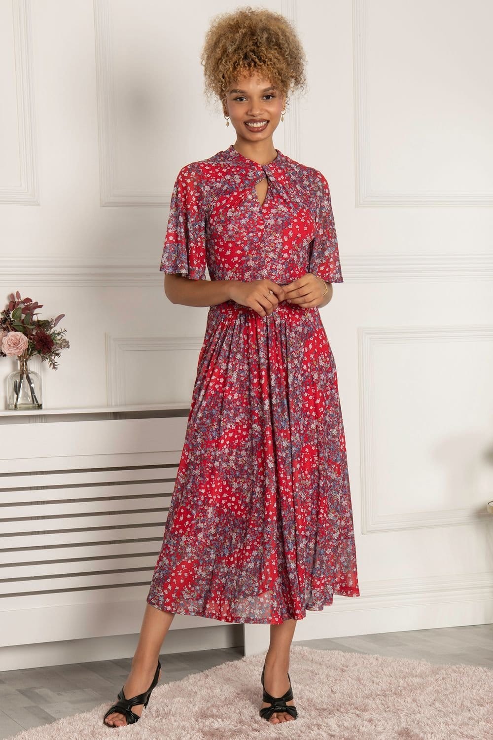 Jolie Moi Jolie Moi Women's Tina Turtle Neck Mesh Maxi Dress in Red - 4