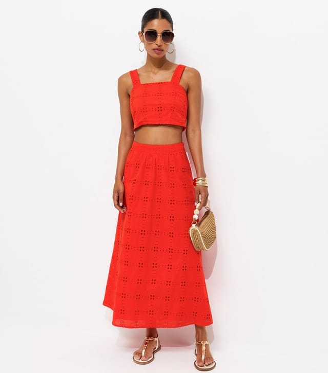 New Look Women's Bright Orange Embroidered Cut Out Maxi Skirt New Look - 2