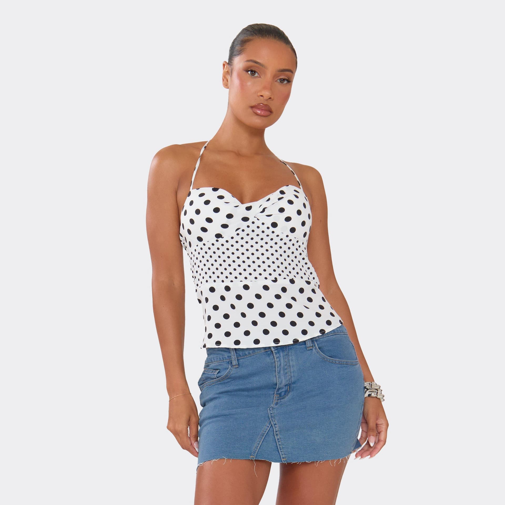EGO Halterneck Knot Detail Top In White Polka Dot, Women's Size UK 6