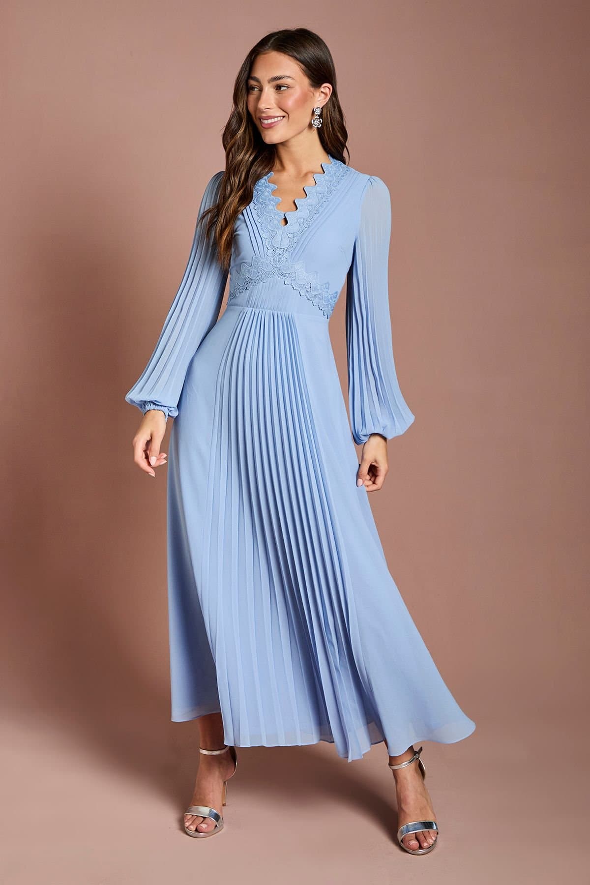 Coast Coast Women's Pleat Detail Lace Trim Maxi Dress in Light Blue