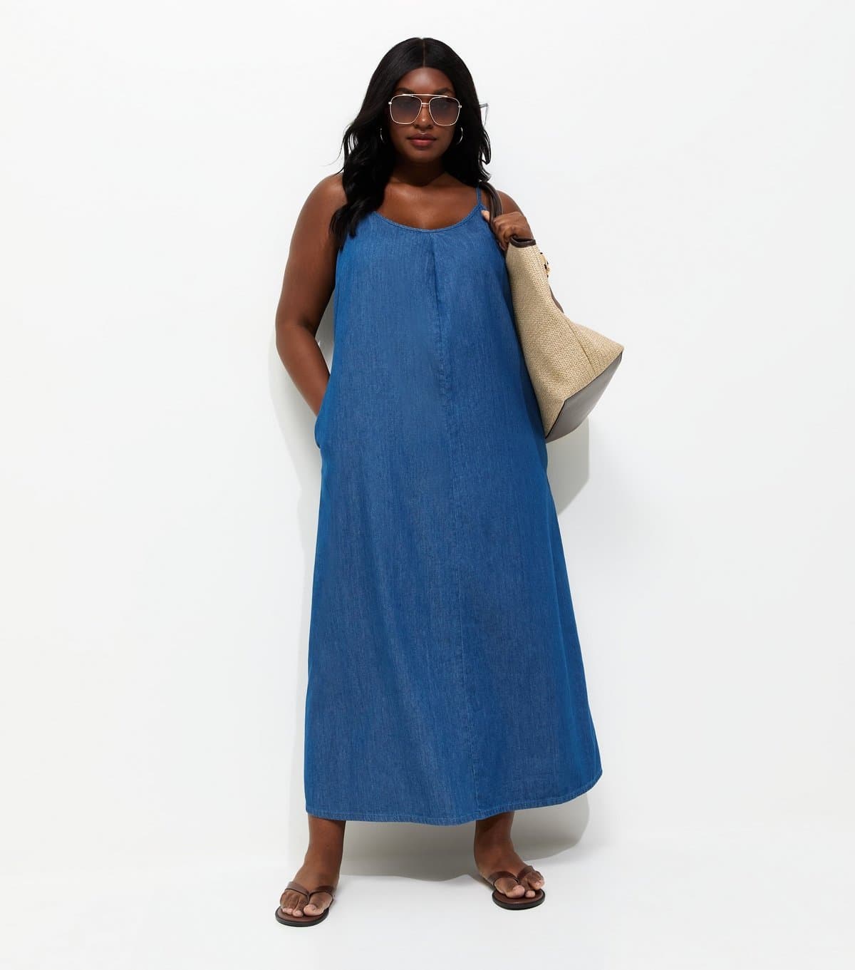 New Look Women's Plus Size Mid Blue Trapeze Midi Dress Curves New Look