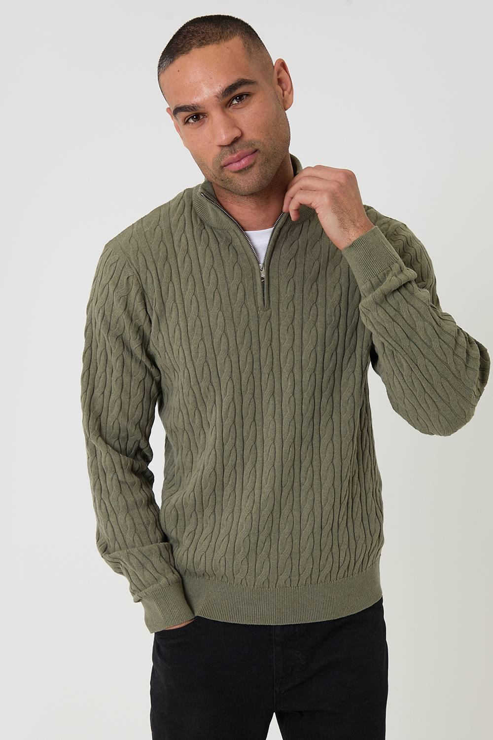 Threadbare Threadbare Men's Cable Knit Quarter Zip Jumper in Olive - 2