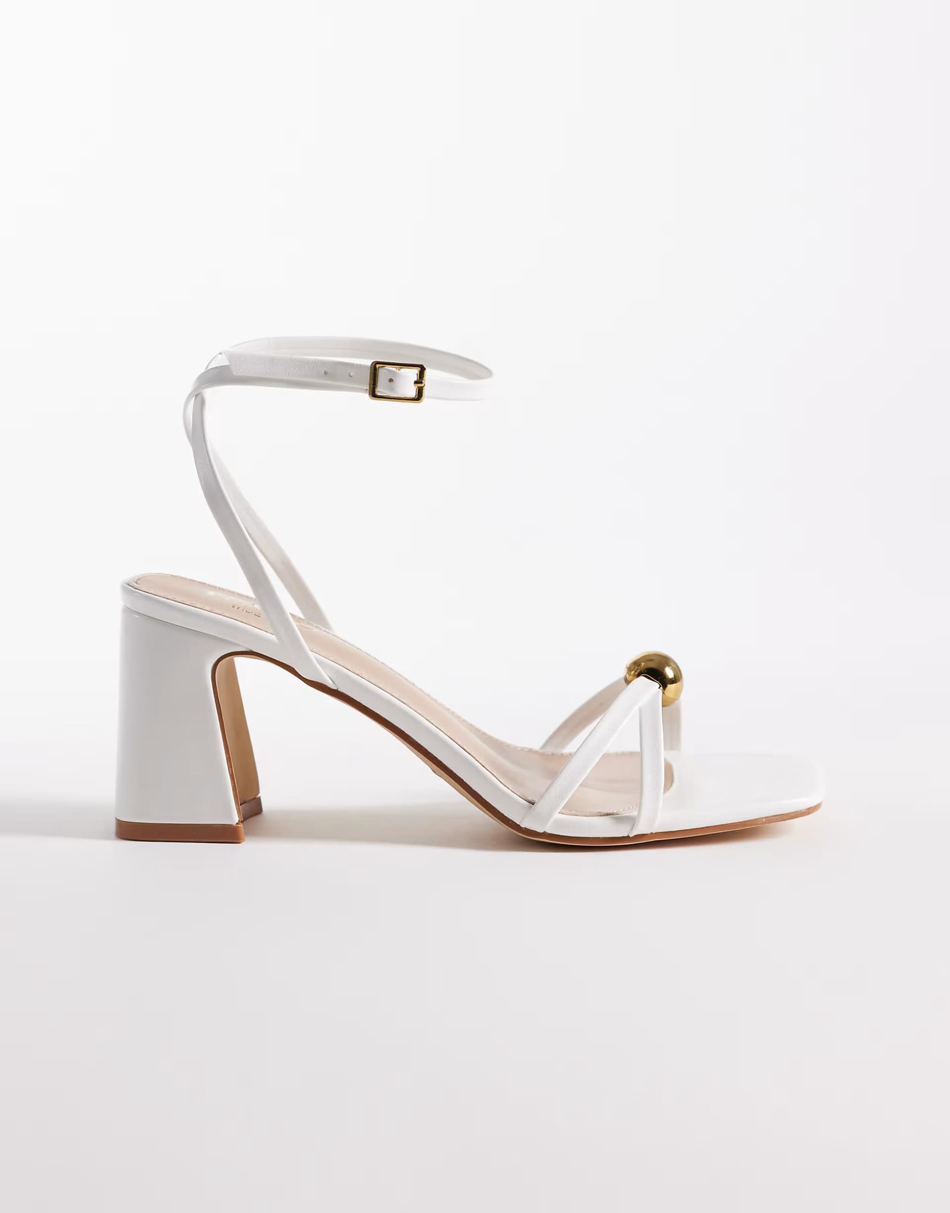 ASOS RAID Wide Fit Devena block heeled sandals in gold detail in white