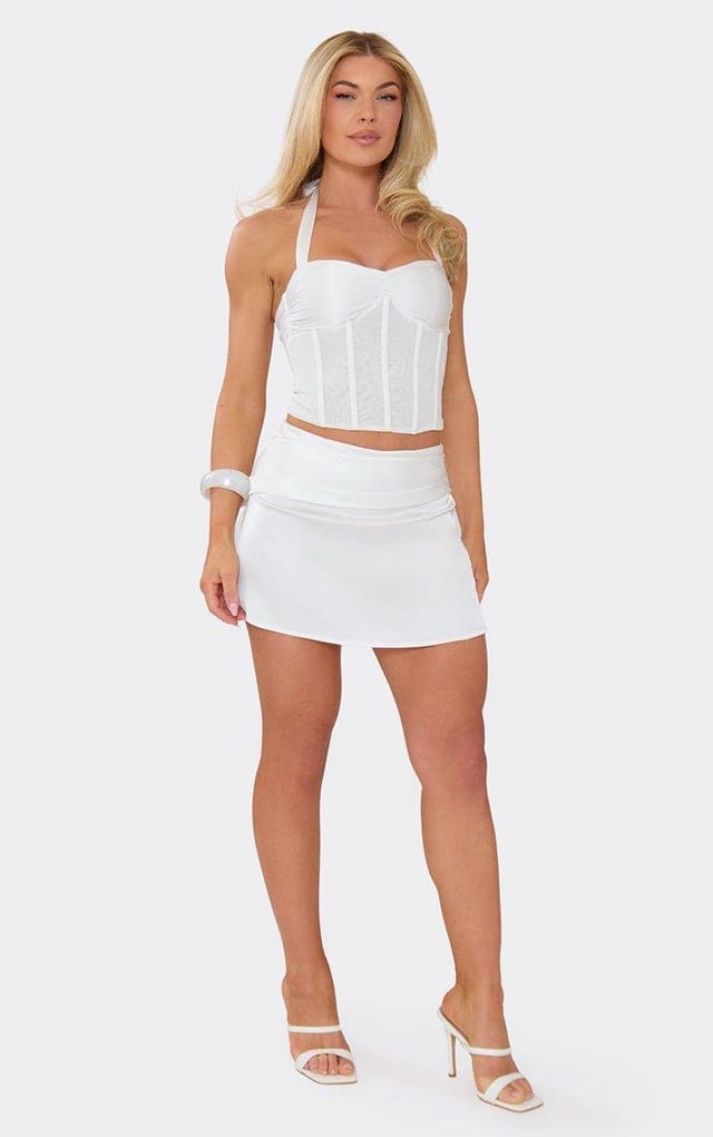 EGO Mid Rise Ruched Mini Skirt In Cream Satin, Women's Size UK 6 - 2