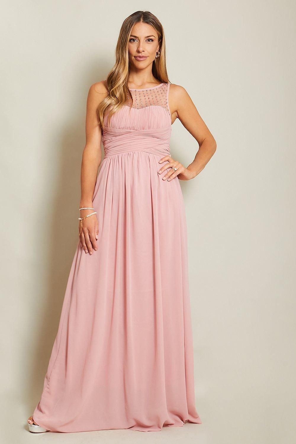 KRISP KRISP Women's Gem & Mesh Front Chiffon Maxi Dress in Dark Pink - 4