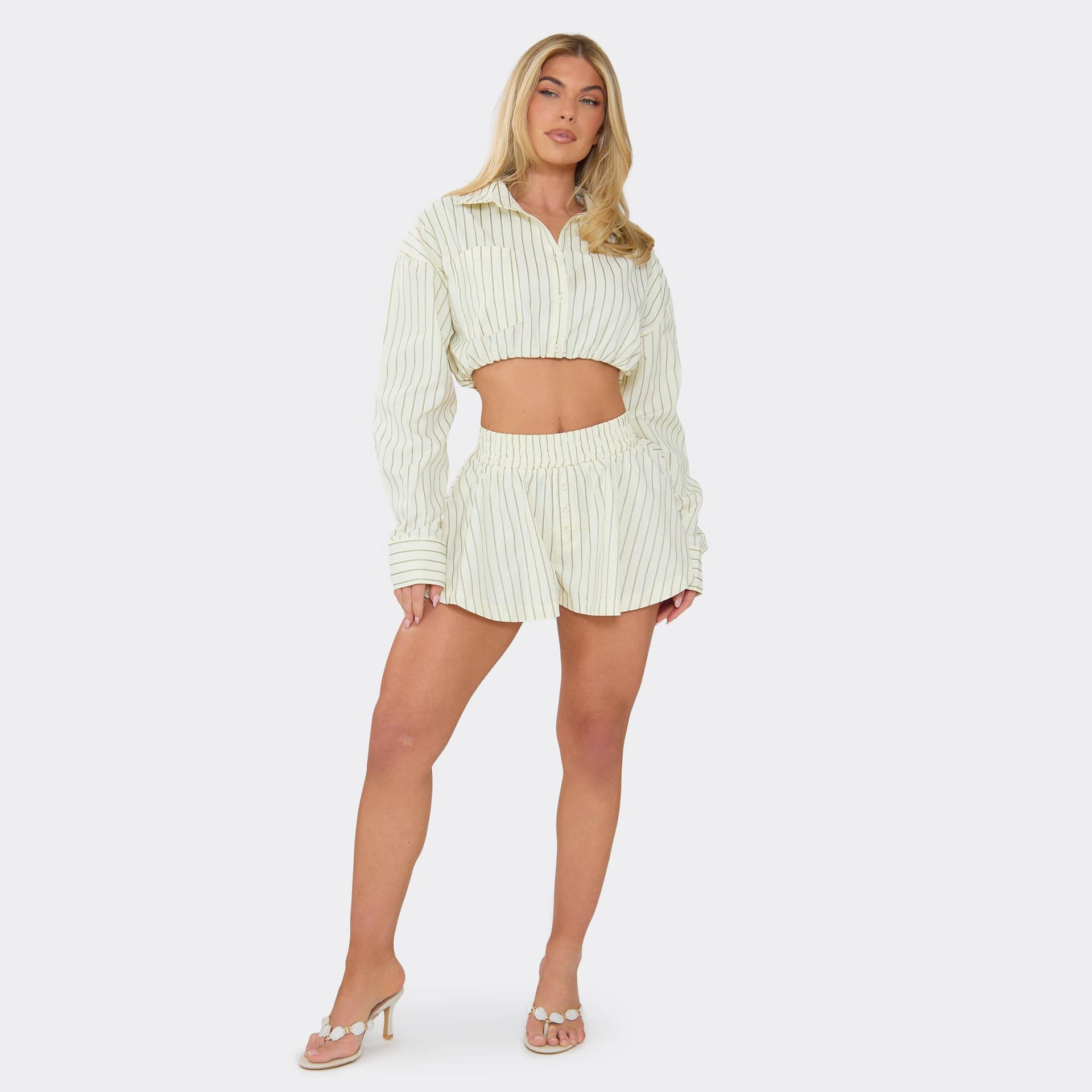 EGO Button Front Floaty Short In Yellow Pinstripe, Women's Size UK 6