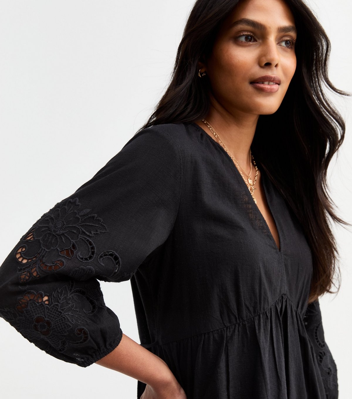 New Look Women's Black Broderie Sleeve Smock Mini Dress New Look - 2