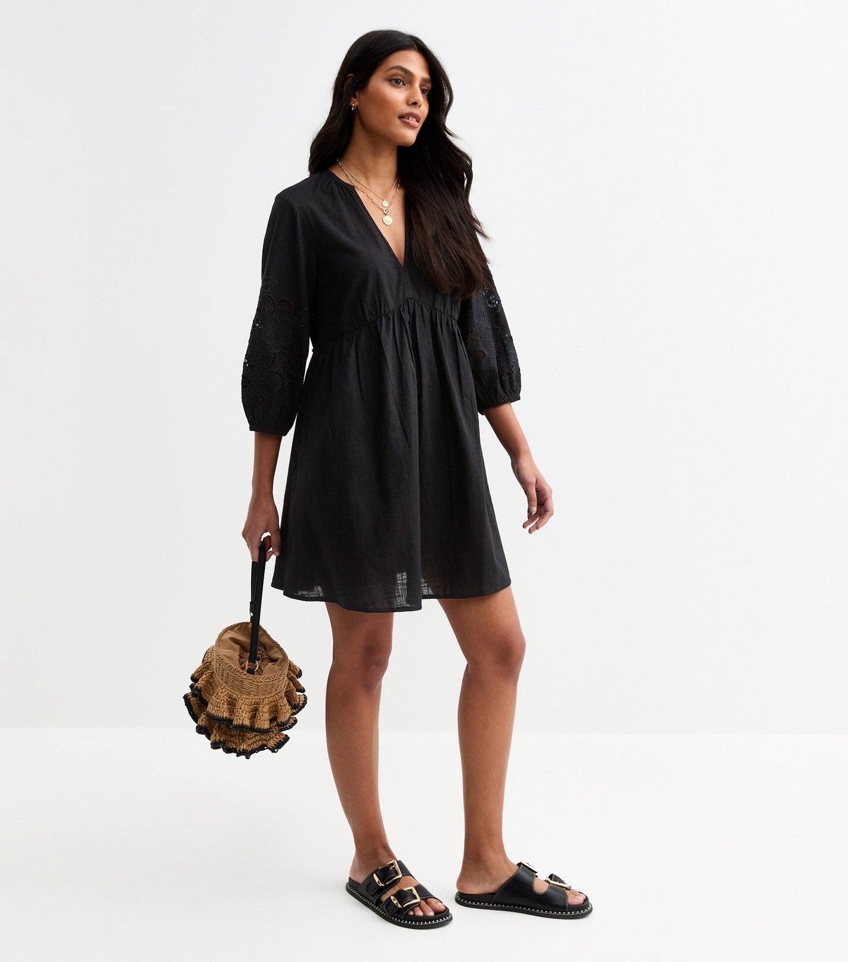 New Look Women's Black Broderie Sleeve Smock Mini Dress New Look - 3