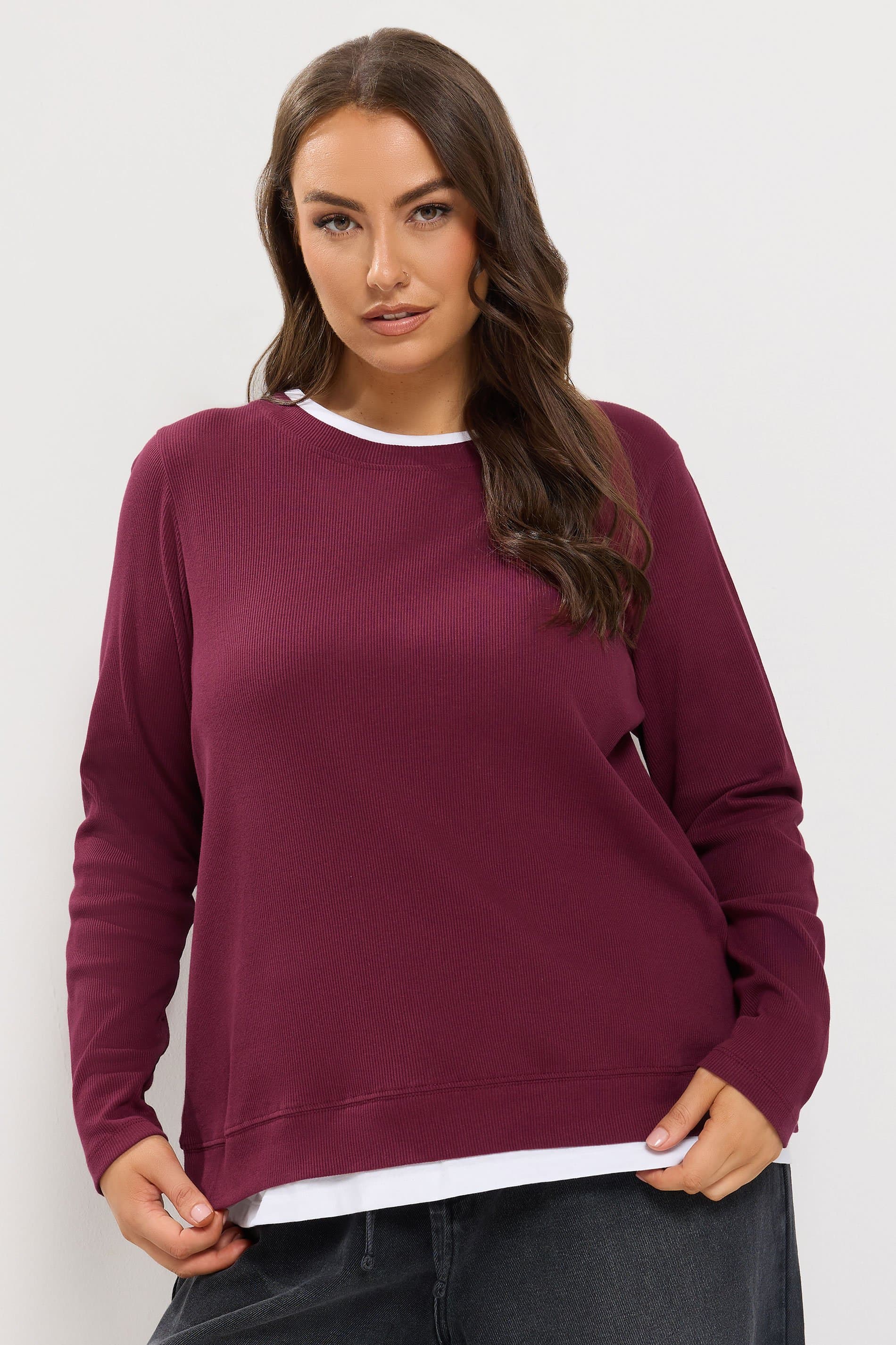 Yours Plus Size Wine Red & White 2In1 Ribbed Top