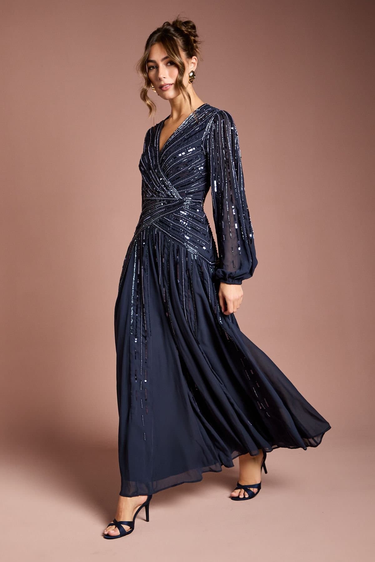 Coast Coast Women's Long Sleeve Linear Embellished Maxi Dress in Navy