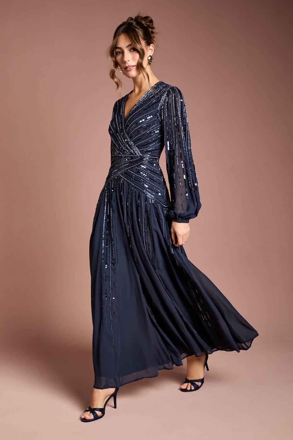 Coast Coast Women's Long Sleeve Linear Embellished Maxi Dress in Navy - 2