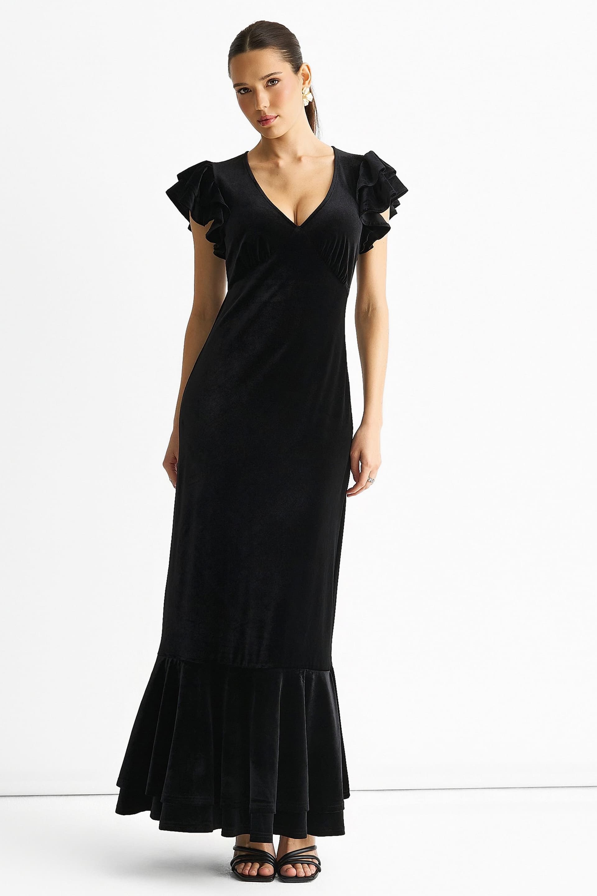 Gini London Gini London Women's Black V Neck Ruffle Sleeves Velvet Occasion Maxi Dress