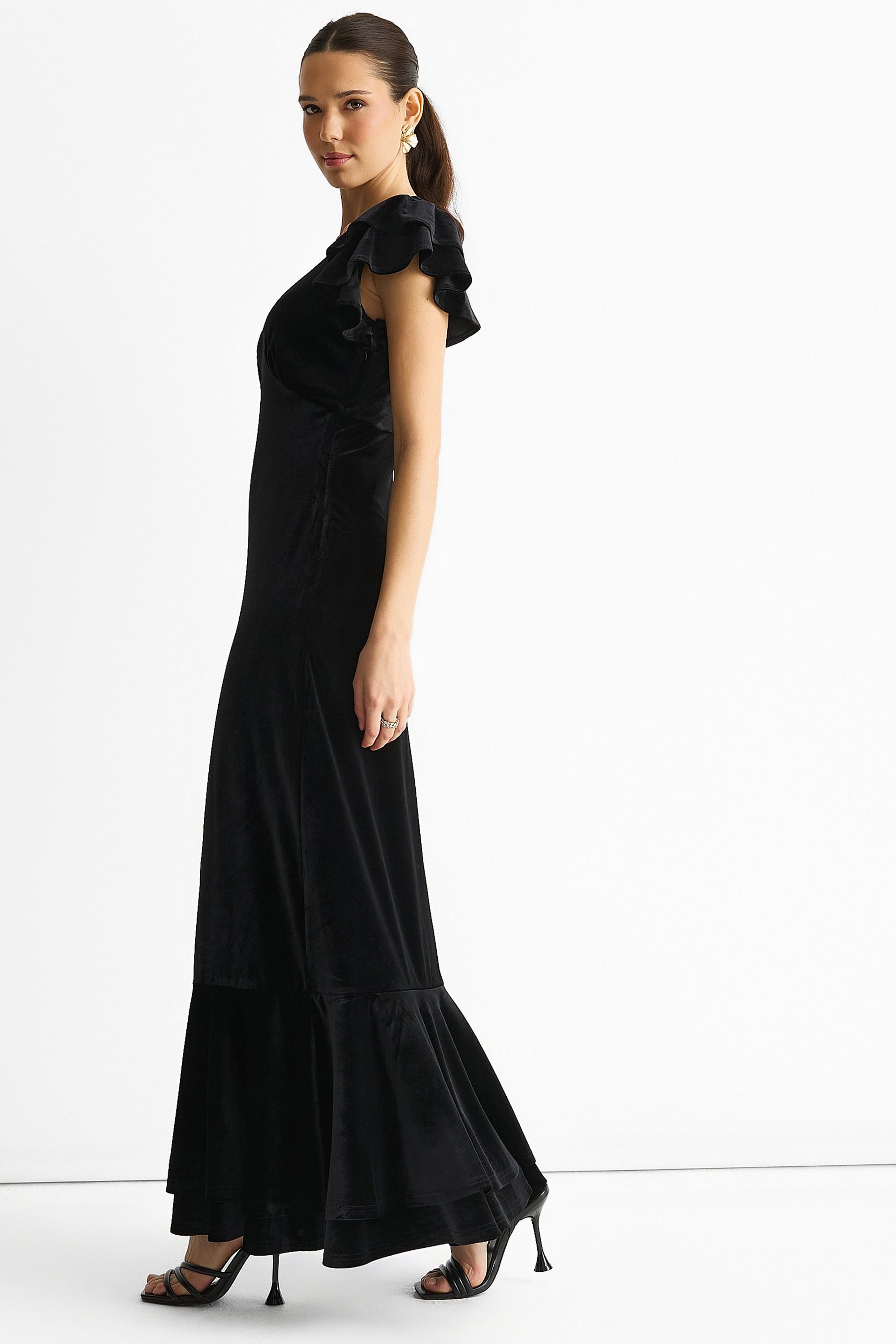 Gini London Gini London Women's Black V Neck Ruffle Sleeves Velvet Occasion Maxi Dress - 3