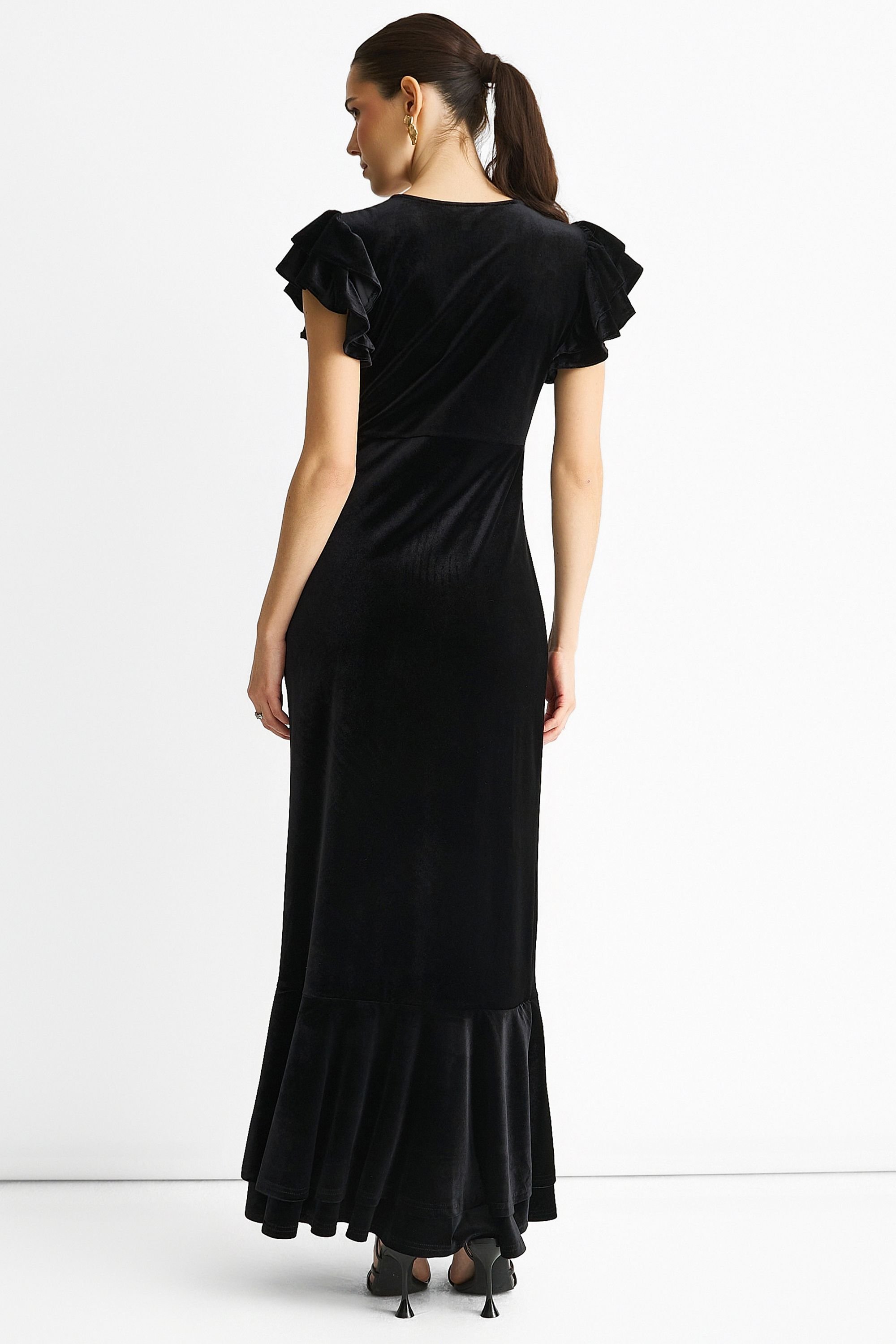 Gini London Gini London Women's Black V Neck Ruffle Sleeves Velvet Occasion Maxi Dress - 4