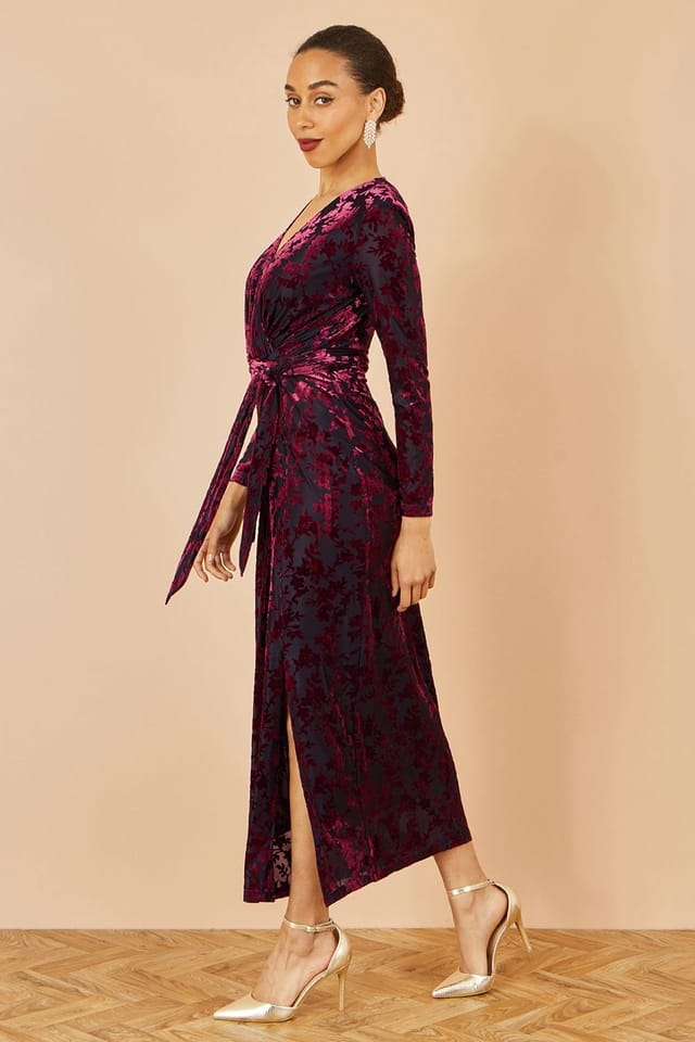 Yumi Yumi Women's Burgundy Velour Stretch Midi Dress With Long Sleeves - 2
