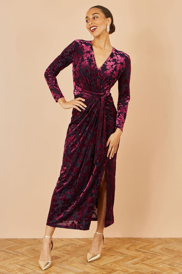 Yumi Yumi Women's Burgundy Velour Stretch Midi Dress With Long Sleeves - 3