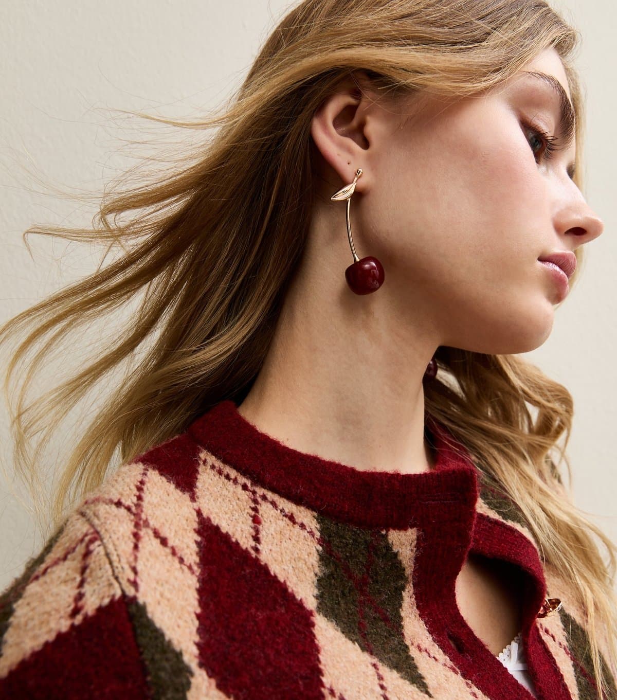 New Look New Look Gold Tone Burgundy Cherry Drop Earrings