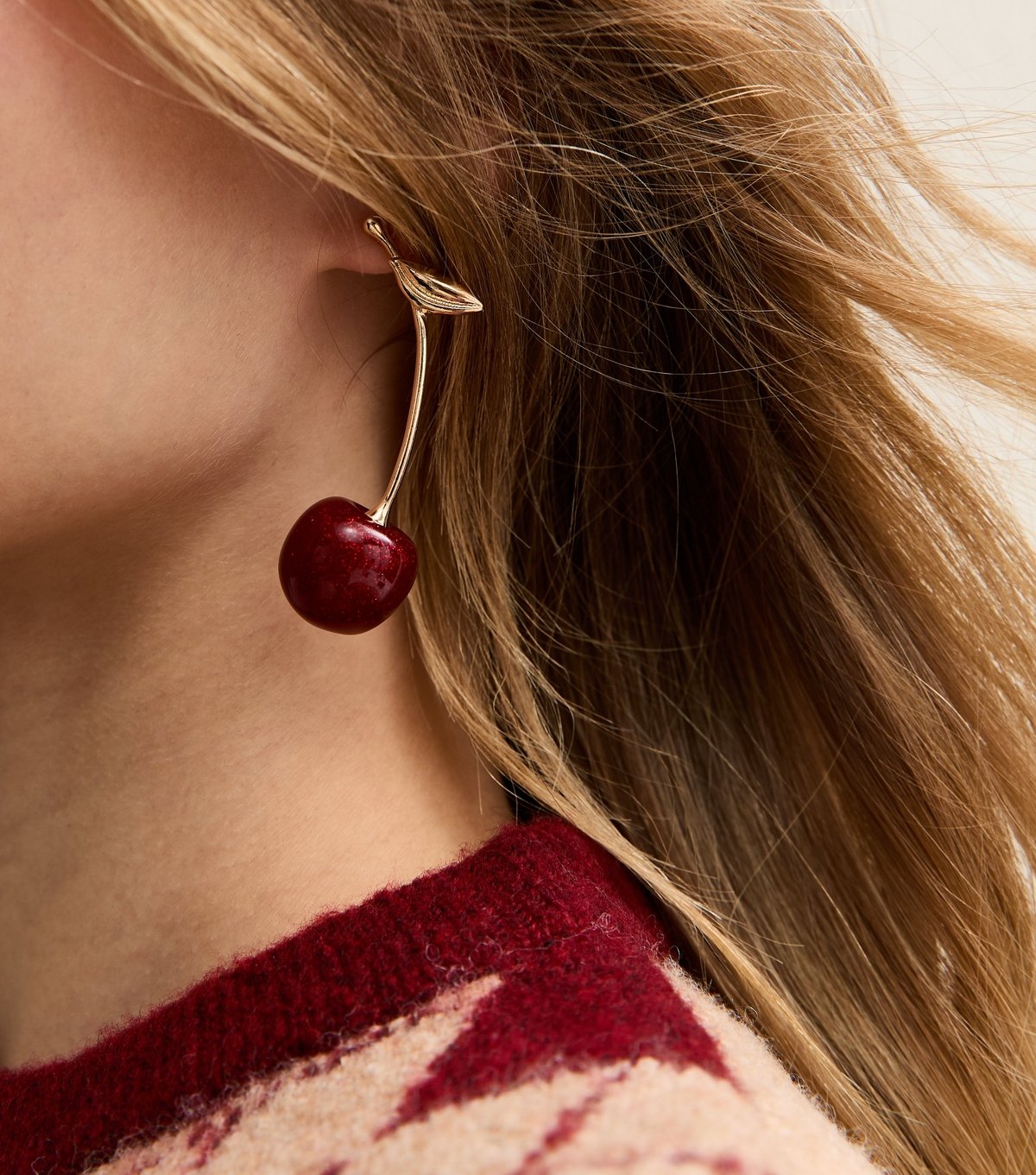 New Look Gold Tone Burgundy Single Cherry Dropped Earrings New Look - 2