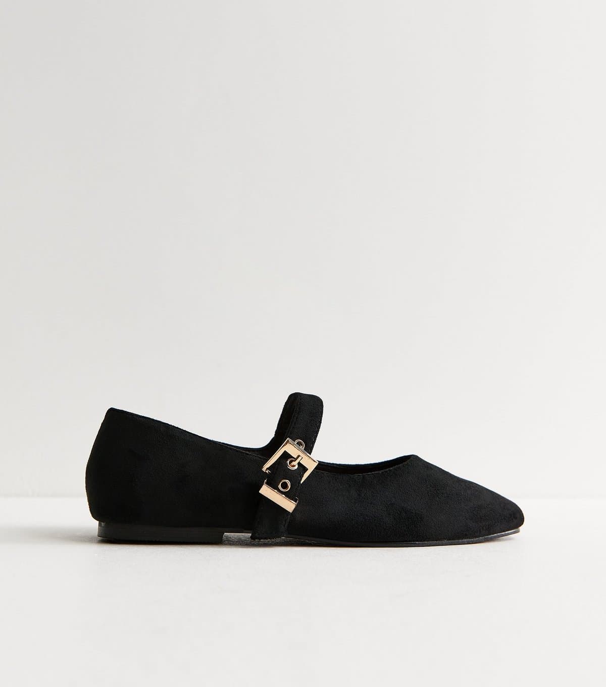 New Look Women's Truffle Black Faux Suede Mary Jane Flats Vegan New Look